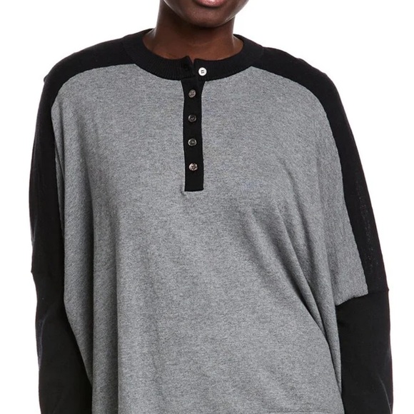 MINNIE ROSE Oversized Cashmere Blend Henley Sweater in Black/Gray Size S - Picture 2 of 8